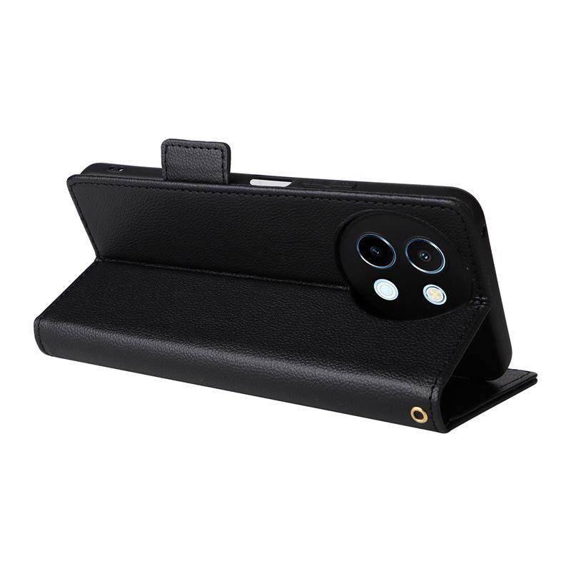 Compatible Leather Flip Case with Card Slot & Lanyard for VIVO Y38/Y58/Y200i 5G; Lychee Grain Design.