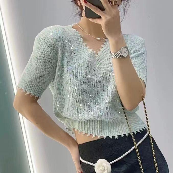 

Light Luxury Heavy Industry Sequined Ice Silk Knitted Shirt Short Sleeved T-shirt Women s Summer Fashionable Top S
