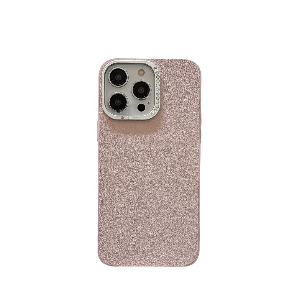 Suitable for IPhone16promax, Plain Leather Phone Case, Apple 15, Metal Diamond Lens Ring