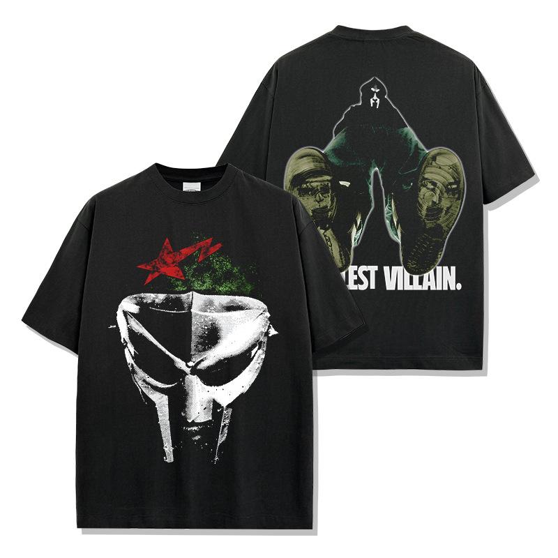 Americké Americké Hip Hopové MF Doom Tištěné Tričko s Krátkým Rukávem Volný Kulatý Výstřih Pánské a Dámské Retro Módní Top s Krátkým Rukávem