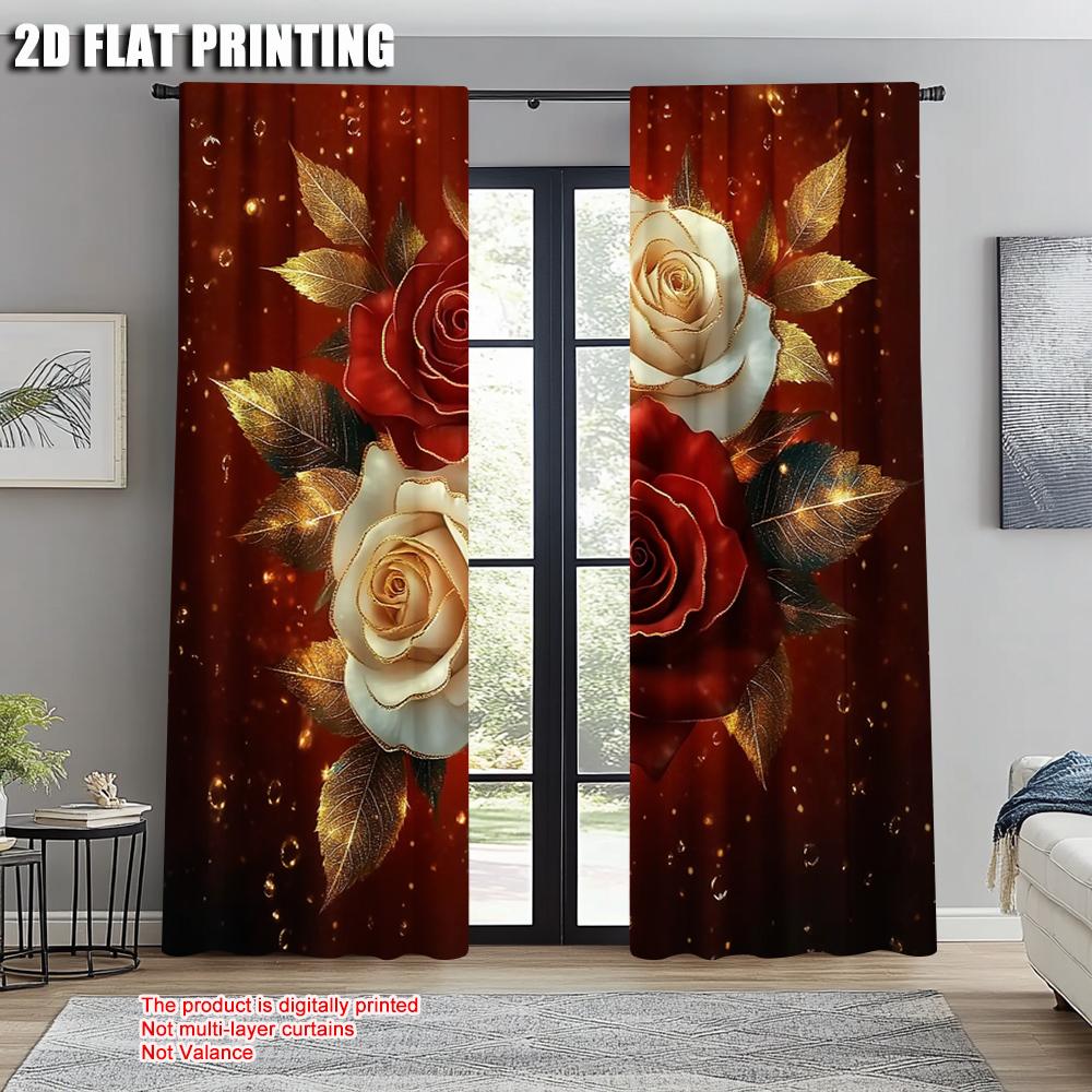 2pcs, Popular Curtains 2D print Red Roses Machine Washable Fabric (without rod) Room Decor for Living Room, Home Decoration,
