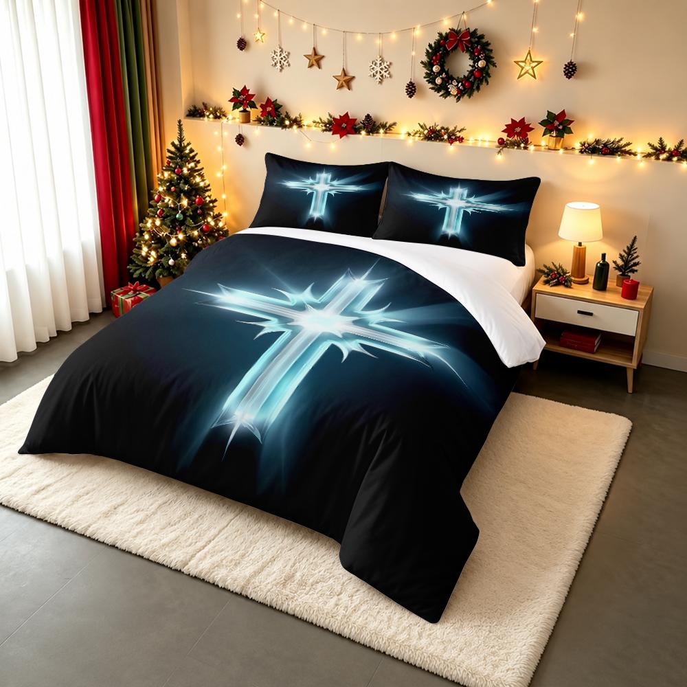 Glowing Ice Blue Crystal Cross Bedding set (1 duvet cover, 2 pillowcases, duvet not included), Minimalist Religious Light Rays Art Print