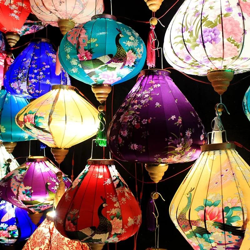 Chinese Style 12/14Inch Retro Floral Printed Silk Lantern Japan Vietnam Traditional Lantern for New Year Wedding Festival Decor