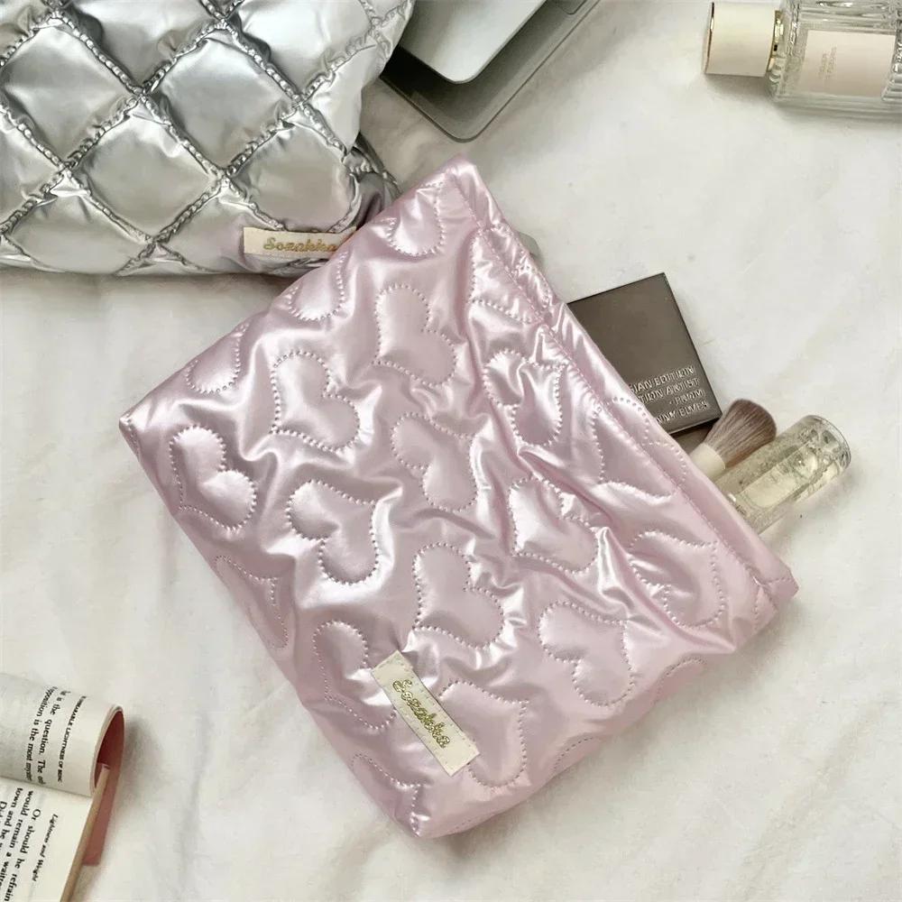 Korean Quilted PU Love Bow Cosmetic Bag Skincare Products Pouch Inner Pocket Multi-function Makeup Lipstick Storage Bag Handbag