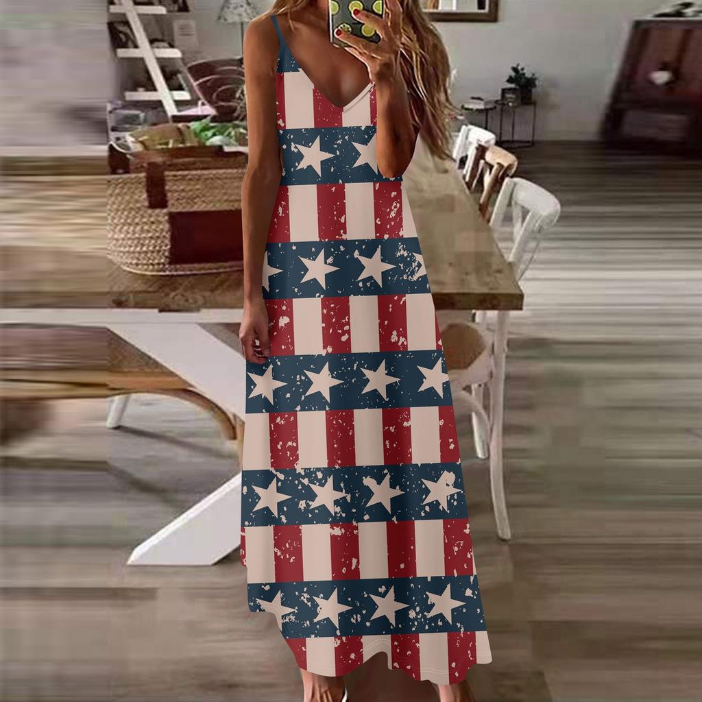 Women's Loose Independence Day Casual Slim V-neck Color Imitation Cotton Fashion Overalls Skirt