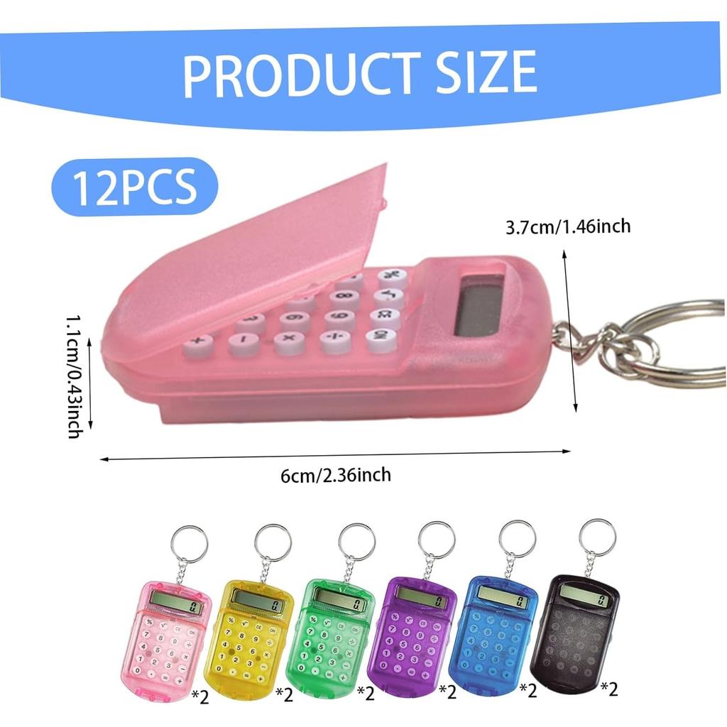 Mini Calculator Keychain 12Pcs 6 Color Compact Portable Mini Calculator with Button Cover for Kids, Students at School