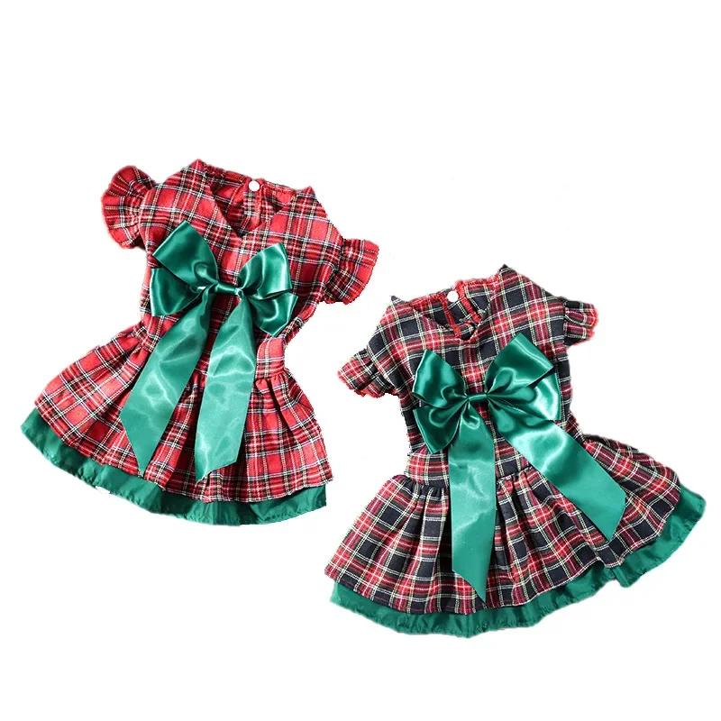 New Pet Clothing Christmas Classic Plaid Skirt Puppy Holiday Costume Peplum Sleeve Dog Clothing Cross-border