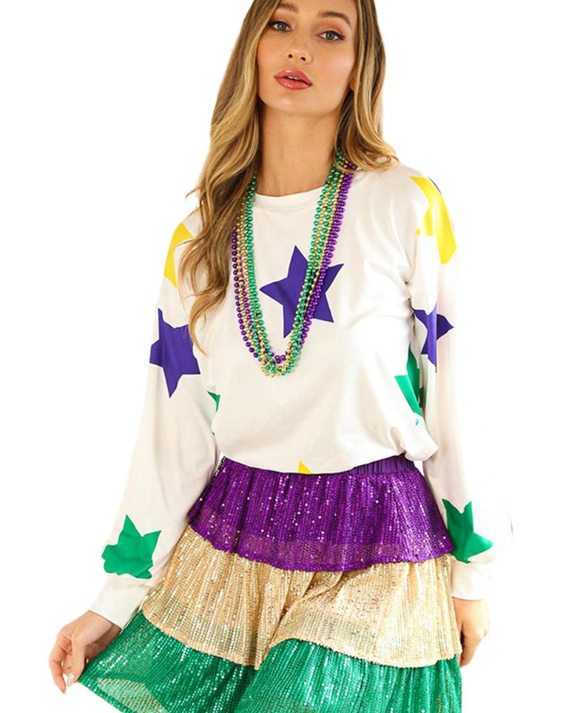 Azura Exchange White Mardi Gras Star Printed Long Sleeve Top