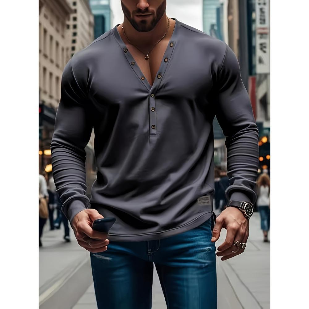 Top casual da uomo a maniche lunghe, tinta unita, vestibilità slim, con bottoni e scollo a V
