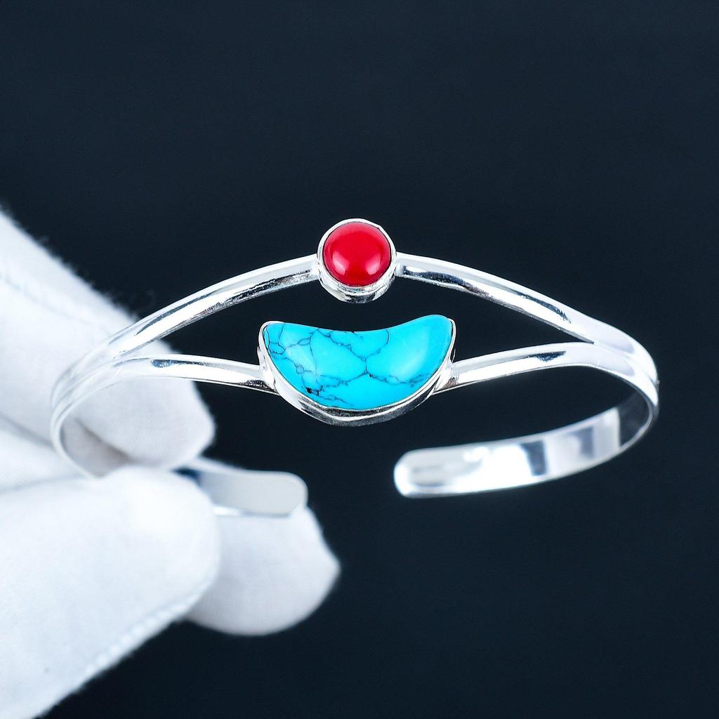 Turquoise Gemstone Handmade Cuff Bangle 925 Sterling Silver Cuff Bangle, Red Coral Bracelet For Wife , Unisex Bangle, Christmas Day Gift