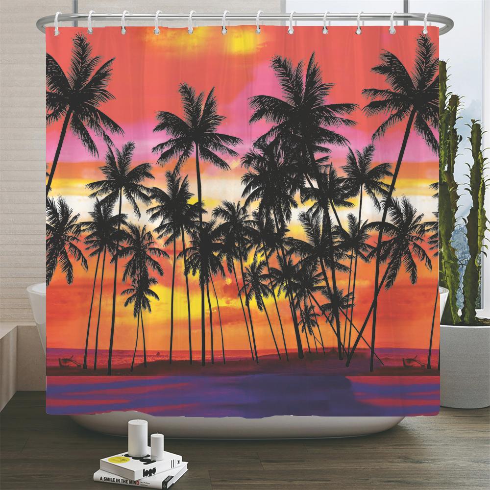 Strand Sonnenuntergang Palmen Landschaft 3D-Druck Duschvorhang Polyester Wasserdicht Heimdeko Vorhang Mit Haken Große Größe 300x180