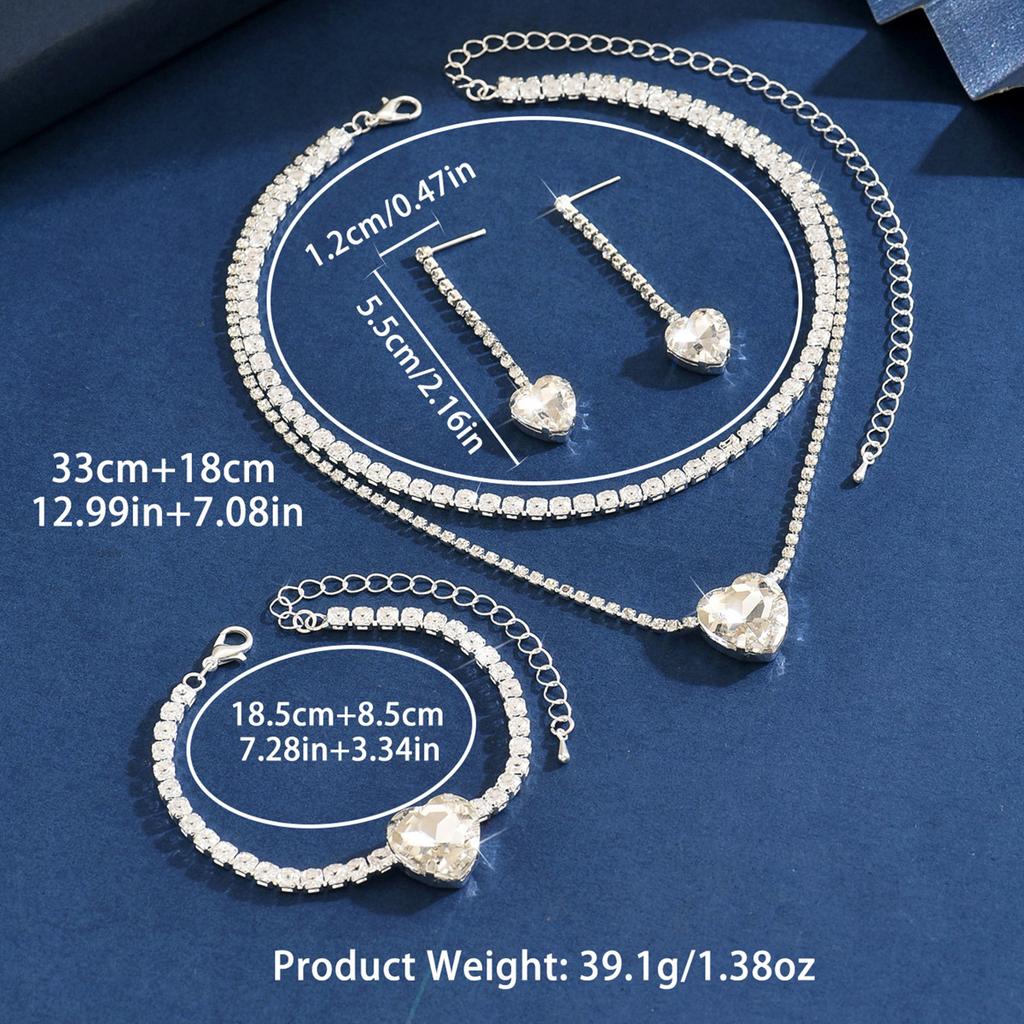 Jewelry Heart Rhinestone Necklace Earrings Bracelet Three-piece Set Fashion Bridal Set Dress Accessories Women's