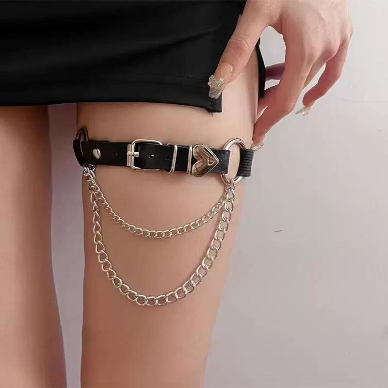 1PC Metal Tassel Fashion Punk Leg Loops Adjustable Love Heart Chain Gothic Leg Ring Sexy Pu Leather Irregular Suspender Leg Chain