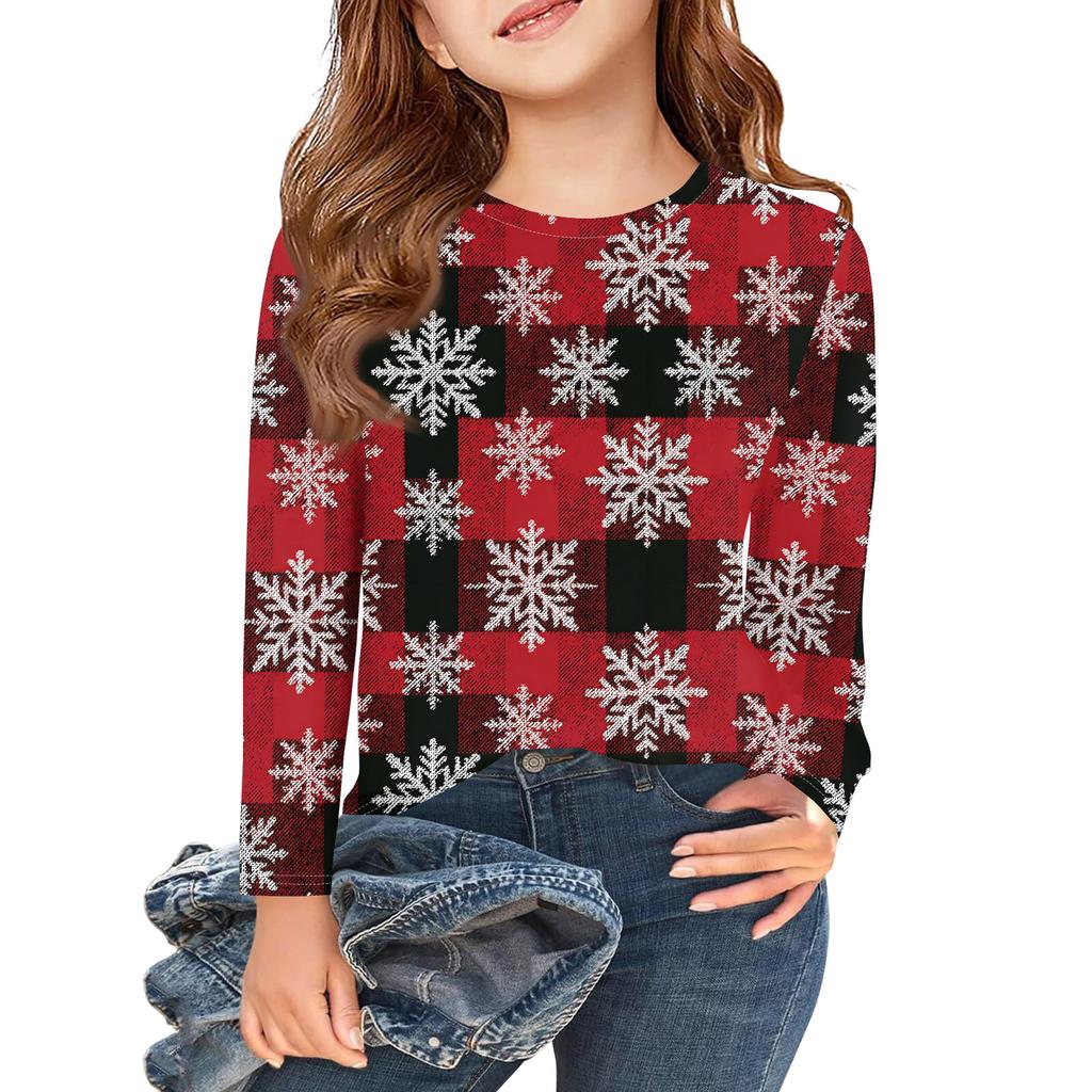 Weihnachtstag Mädchen Langarm T-Shirts Kinder Herbst Oberteile Rundhalsausschnitt Bedruckte Basic T-Shirts