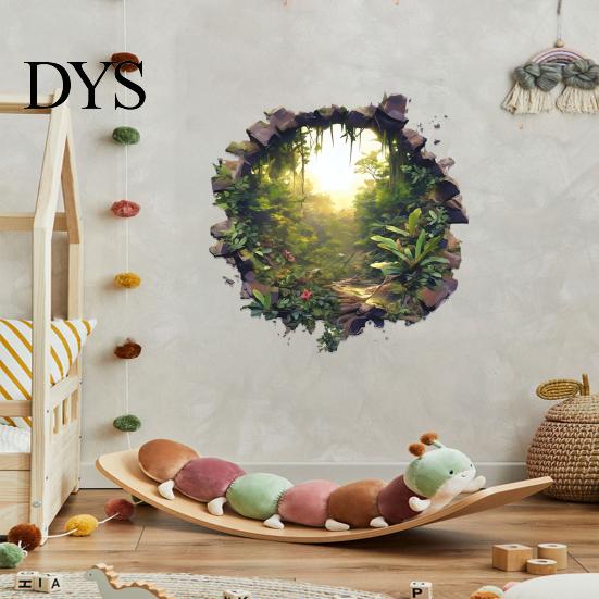 Botanical Theme Wall Covering 3D Hole Forest Sticker, Removable Green Plants Broken Decals, Self Waterproof Mural for Bathroom Adhesive Decoration