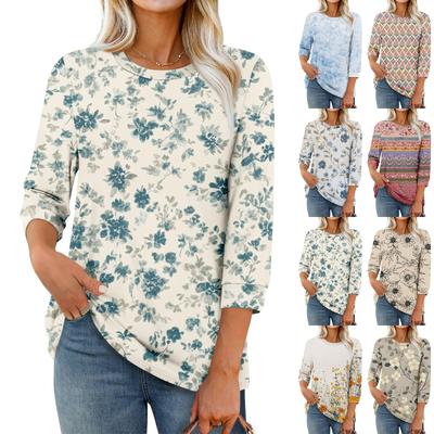 Women's Fashion Casual Round Neck 3/4 Sleeve Loose Printed T-Shirt Ladies Top