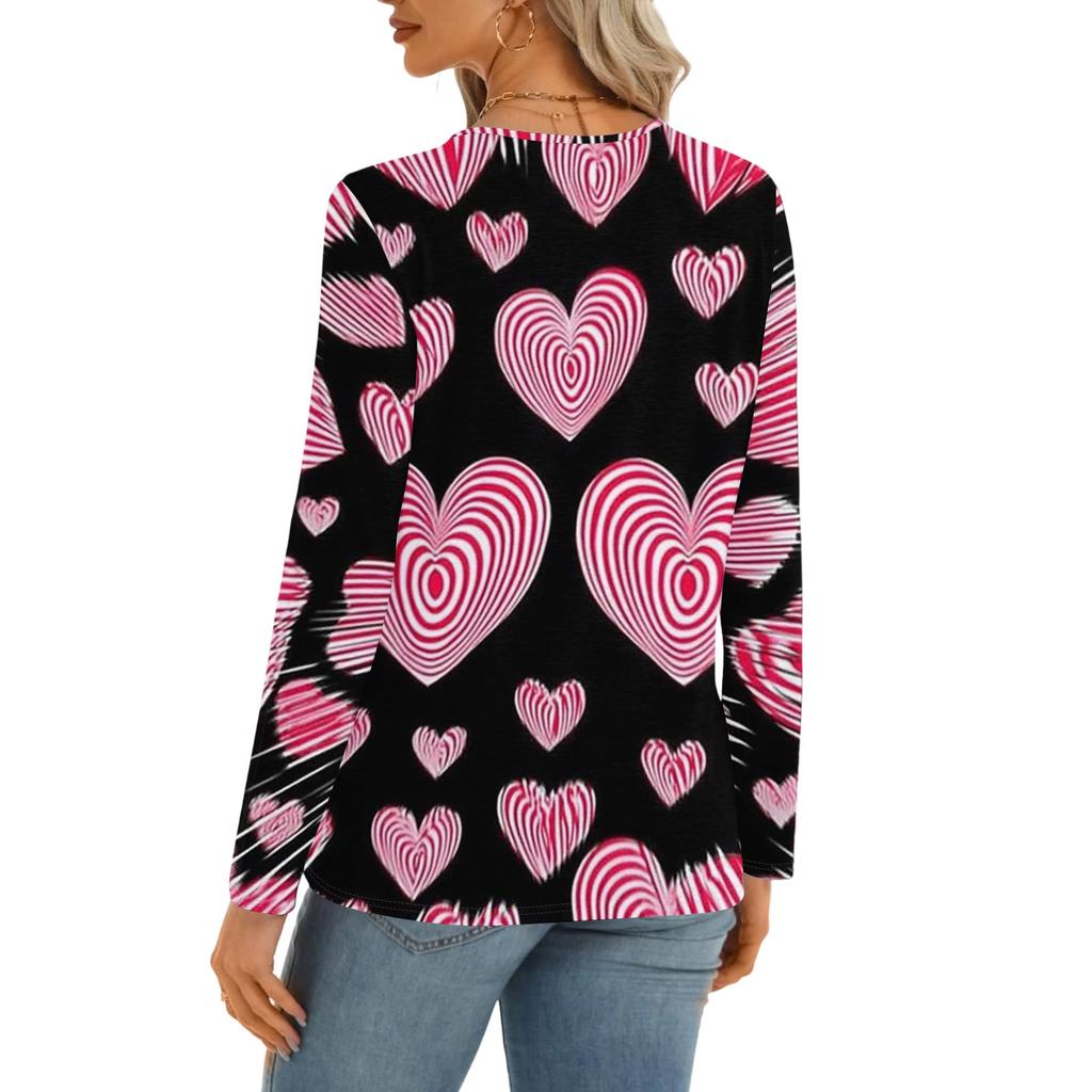 Women's Casual Round Neck Hollow,out Pullover Long Sleeve Valentine's Day Heart Print T,shirt Top