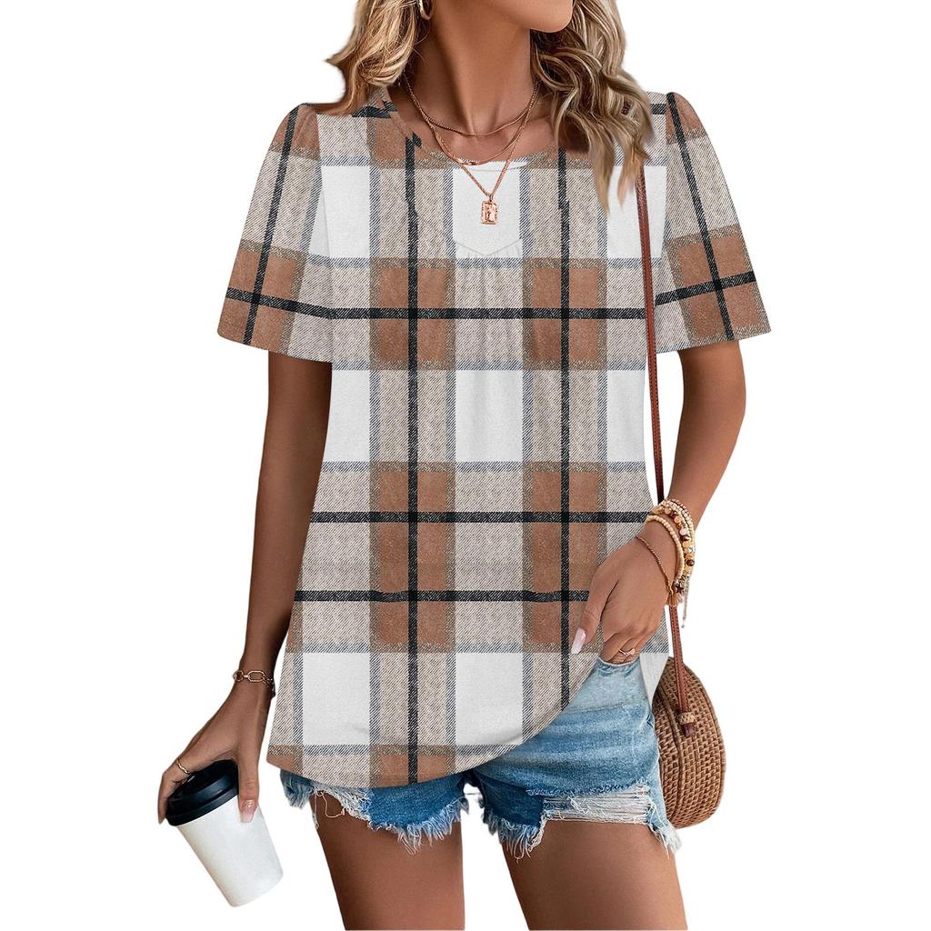 Damen Casual Mode Rundhals Kariert Bedruckt Plissiert Kurzarm T-Shirt Top