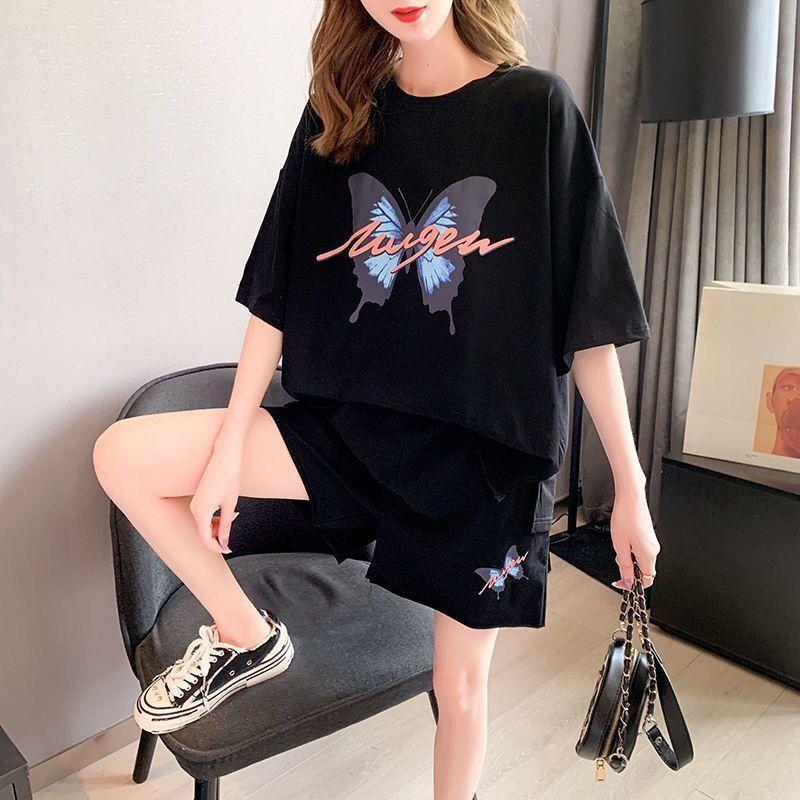 Casual Butterfly Print Short Sleeve Women's Set Loose Shorts Two-Piece Fashion Summer Wear Comfortable Versatile Outfit