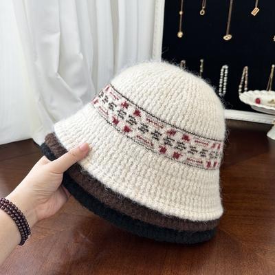 Gestrickter Fischerhut für Damen im Herbst und Winter Vielseitig Gesichtsbetonend Kleiner Wollhut Gehörschutz Kälteschutz Warm Eimerhut Beige