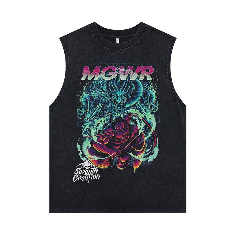European And American High Street Retro Washed Old Rock Sweat Vest Couple Casual Direct Injection Printing Sleeveless T-Shirt Men