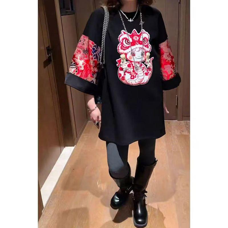 

New Year Zodiac Skirt! Women s round Neck Flocking Dragon Year Short Sleeve Contrast Color Cartoon A- line Composite Cotton Dress New Black 3XL recommend 82.50kg
