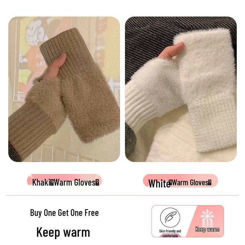 Women's Fleece-Lined Half-Finger Gloves: Cute, Thick Plush for Autumn & Winter; Ideal for Cycling & Cold Protection