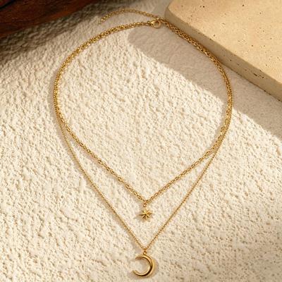 Hot-selling Octagram Double-layer Necklace Stainless Steel-plated 18K Niche Collarbone Chain Retro Moon Pendant Necklace