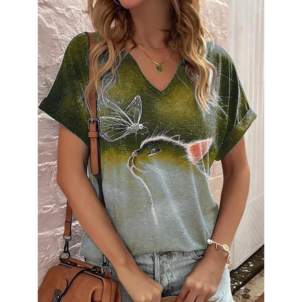 

Летняя женская модная футболка с градиентным цветным принтом и V-образным вырезом, футболки с бабочкой и коротким рукавом, повседневная винтажная одежда XL