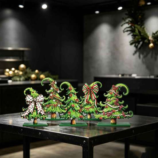 Tiered Tray Christmas Decor 5 Pcs Wooden Tabletop Tree Signs, Rustic Standing Green Craft Ornaments Desktop Ornament with Curly Topper for Winter