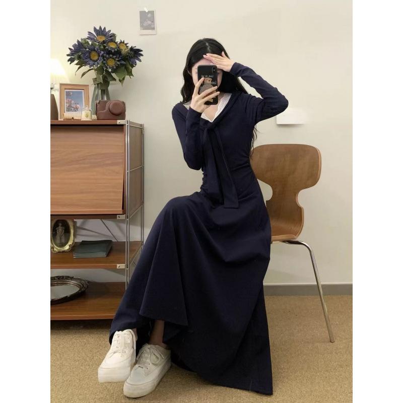 Große Größe Koreanische Version von hochwertigem langärmeligem Kleid für Damen Herbst Bauchbedeckung und dünner Rock, schicker und schöner A-Linien-Rock
