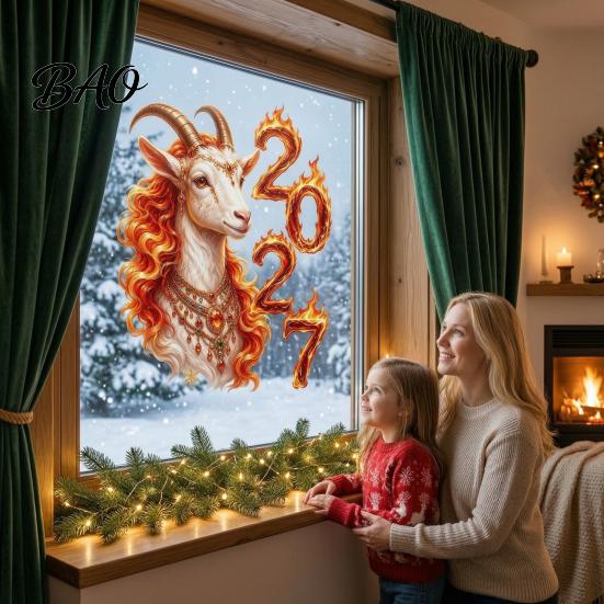 Lively New Year Party Decor Chinese Window Sticker, 2027 Goat Static Clings, Festive Glass Surface Adornment Reusable Lunar Xmas for Home Shop