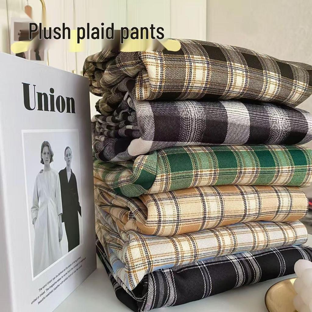 Women's High-Waisted Plaid Wide-Leg Pants - Autumn/Winter Casual Velvet Trousers