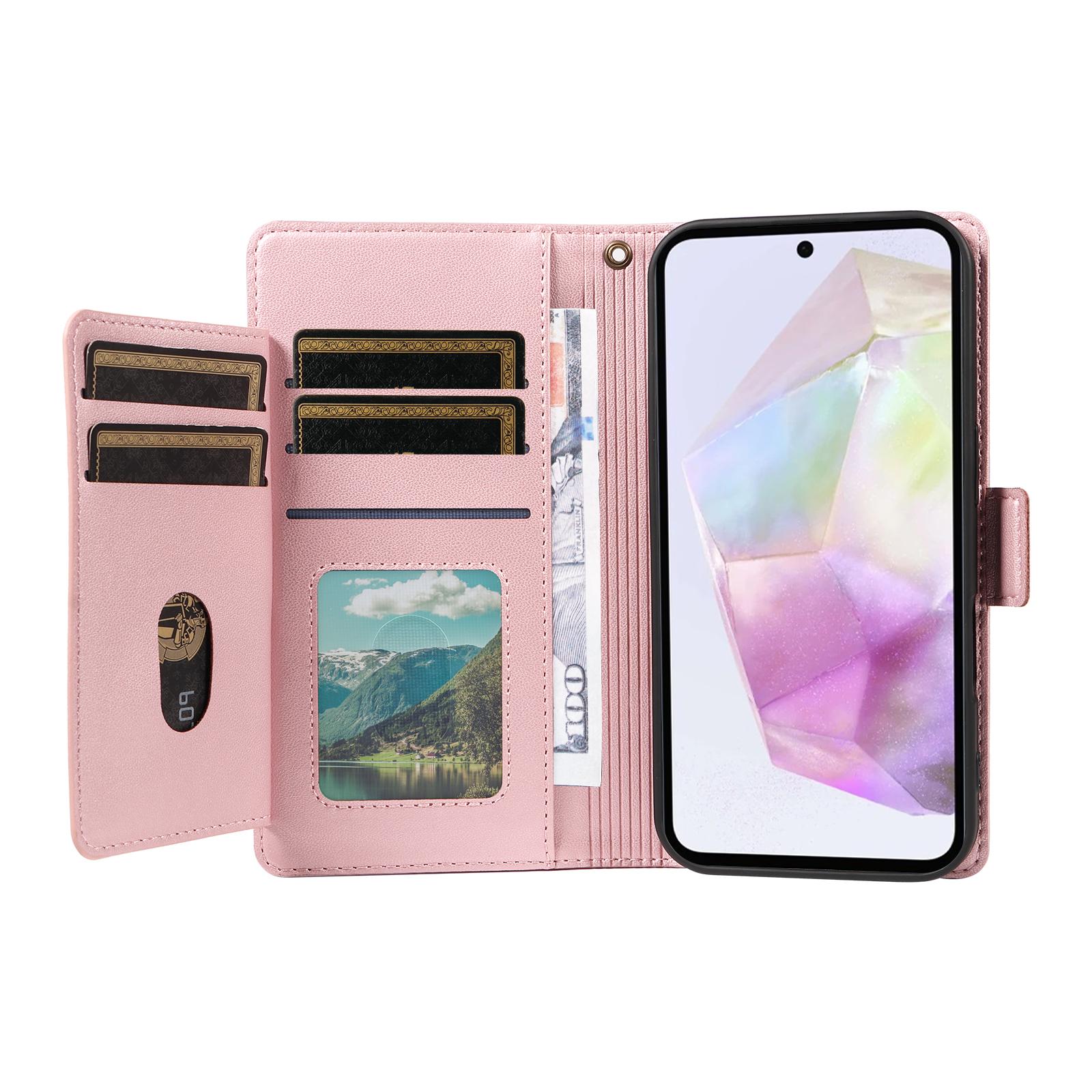 

For Samsung Galaxy A36 5G Case with Multi-Card Holder and Strap PU Leather Phone Cover Stand Rose Gold