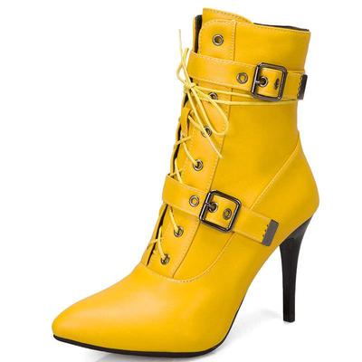 Neue Damen Stiefeletten dünner Absatz spitz Schnürung Damen Stiefeletten Gürtel Schnalle Herbst Winter Sexy Damen High Heel Schuh Große Größe
