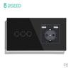 BSEED EU Standard 1/2/3Gang 2Way Wall Touch Switch Light Sensor Switches Wall Socket USB Type-C Crystal Glass Panel 240V Black