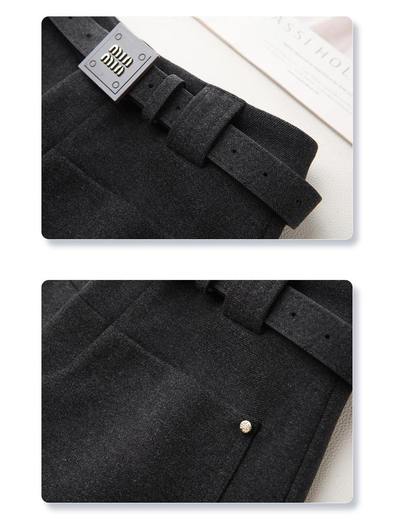 Women's Gray Woolen Straight-Leg Pants & A-Line Booty Shorts - Slimming, Autumn/Winter 2024 Collection