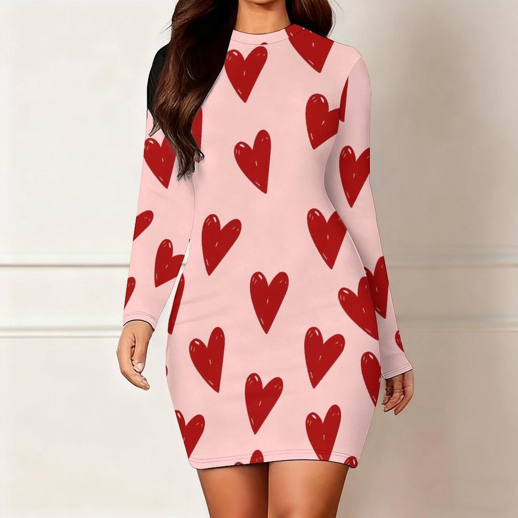 2025 Herbst und Winter Neu 3D Liebesmuster Druck und Färbung Damenmode Langärmeliges Rundhals Hüftbetontes Kleid Valentinstag Limited