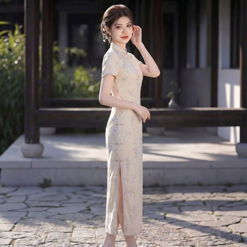 New Chinese retro improved 1 summer elegant gentle waist and thin high-end dress cheongsam split skirt