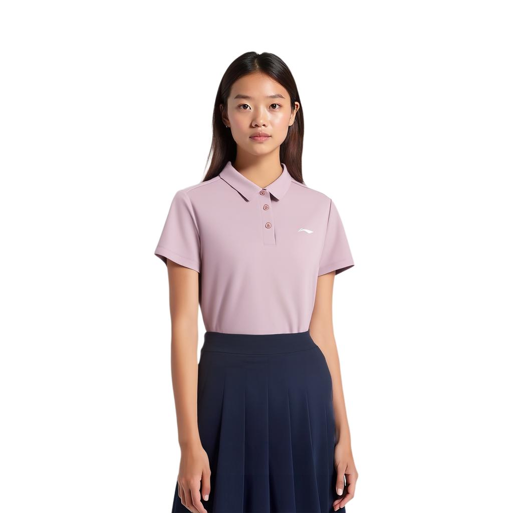 Li-Ning Casual Breathable Comfortable Solid Color Short Sleeve Polo Shirt Women tops Lotus-Pink Purple APLV680-4