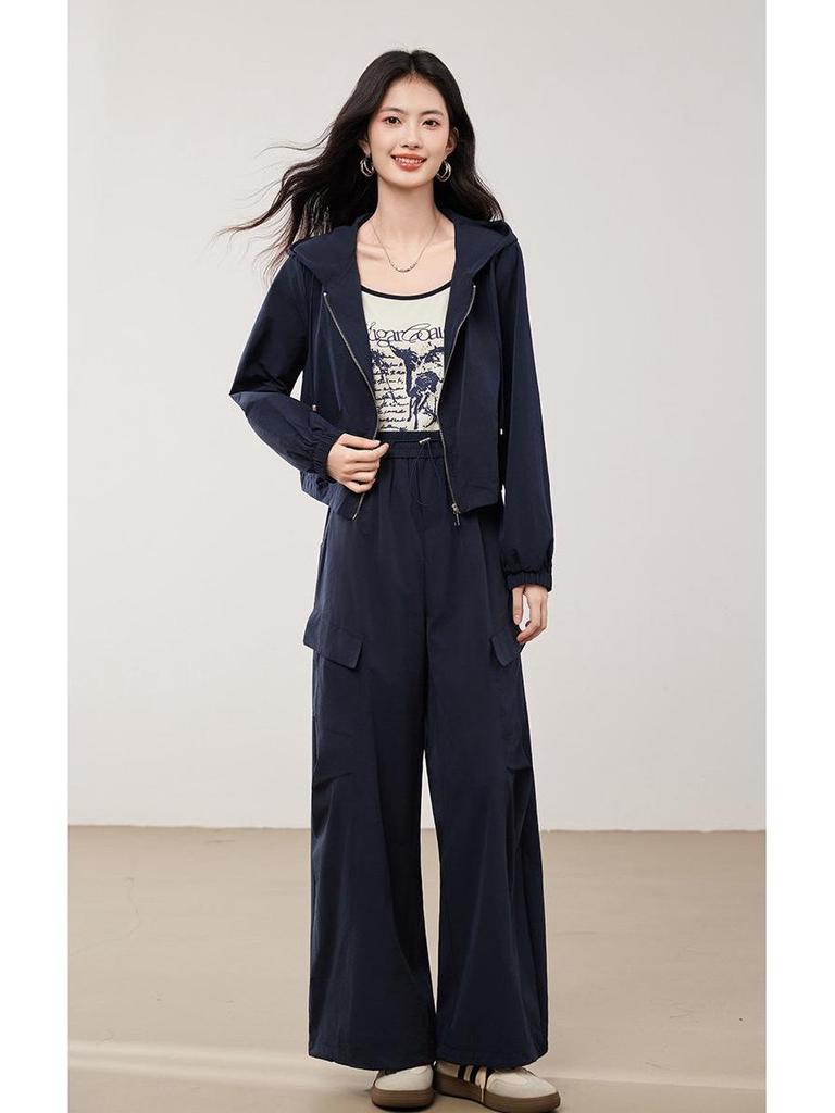 Women's Autumn Workwear-Inspired Sportswear Set: Cropped Jacket & Wide-Leg Pants