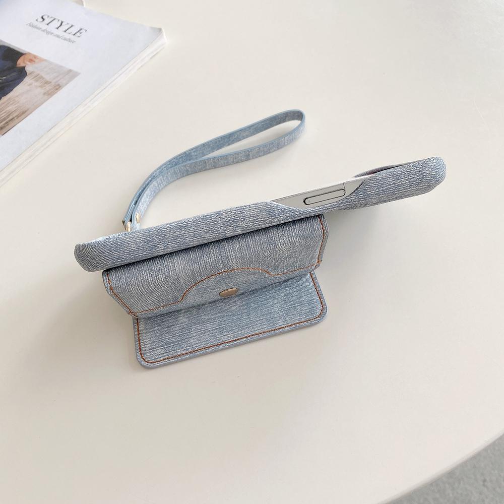 For iPhone 14 Pro Max Case Card Slots Mirror Design Jeans Cloth Texture PU Leather Back Cover with Strap