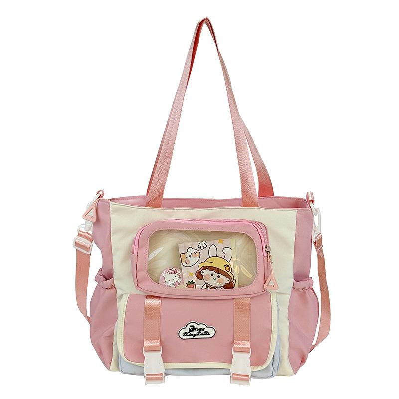 Large capacity messenger bag female college student class leisure commuter bag make-up bag cute contrasting color portable shoulder bag