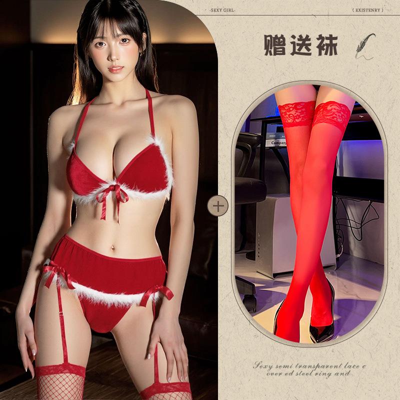 Sexy lingerie sexy christmas red gift seduction plush butterfly three-point garter
