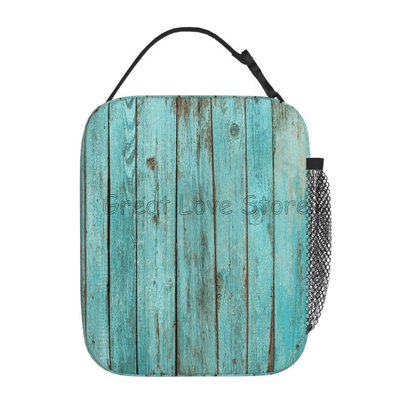 Shabby Turquoise Wood Grain Insulated Lunch Bag for Women Men Reusable Waterproof Thermal Bento Tote Bags for Work Travel Picnic