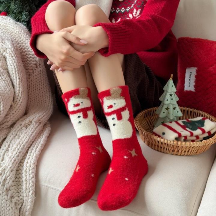 Women's Mid-Calf Christmas Stockings - Plush, Warm, Red Australian Wool, Cute Cartoon, Thick, Non-Shedding, Over-the-Knee Sleep Socks