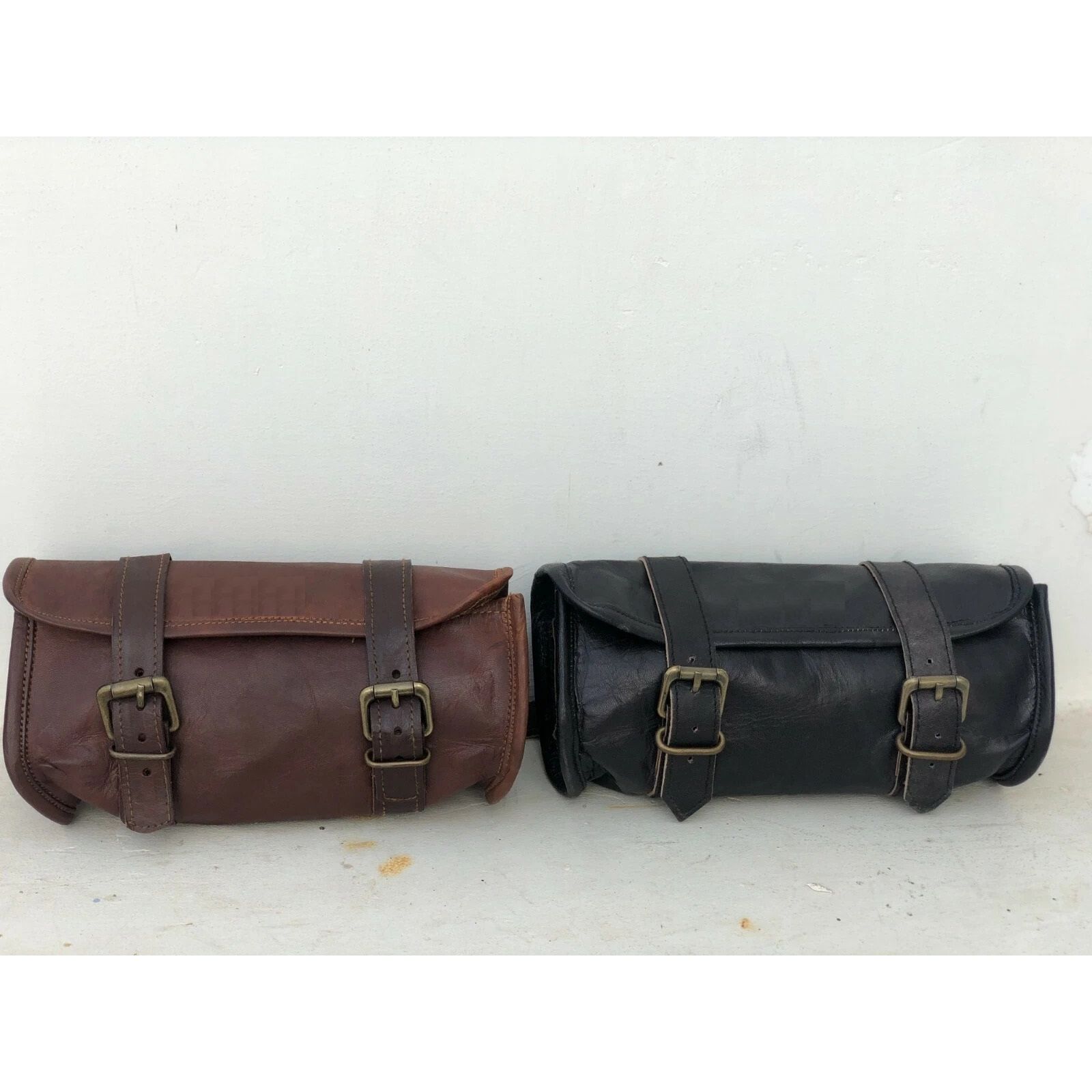 

Motorcycle Side Pouch Bag Brown Black Leather Round Pouch Saddle bags Panniers 9 x 5 x 4 in - 2 Bag