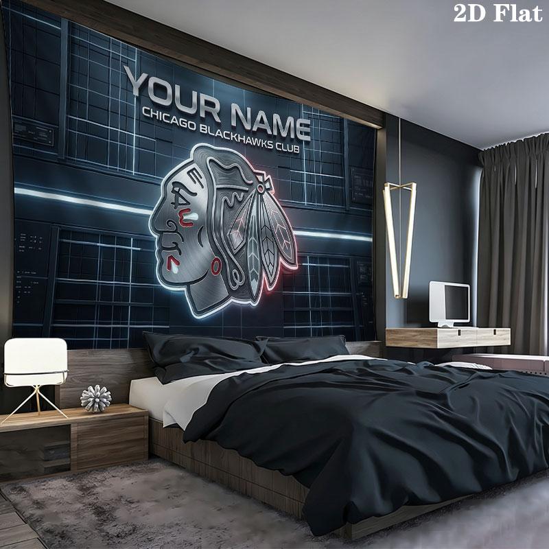 Custom Name,Chicago Blackhawks Wall tapestry, aesthetic printed fabric blanket, suitable for bedroom, living room, and home decor.
