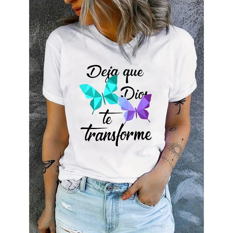 

Short-Sleeve T-Shirt for Women Themes, Adorned with Butterfly Designs ,This Casual Round-Neck Shirt Is and Comfortable Year-Round M белый