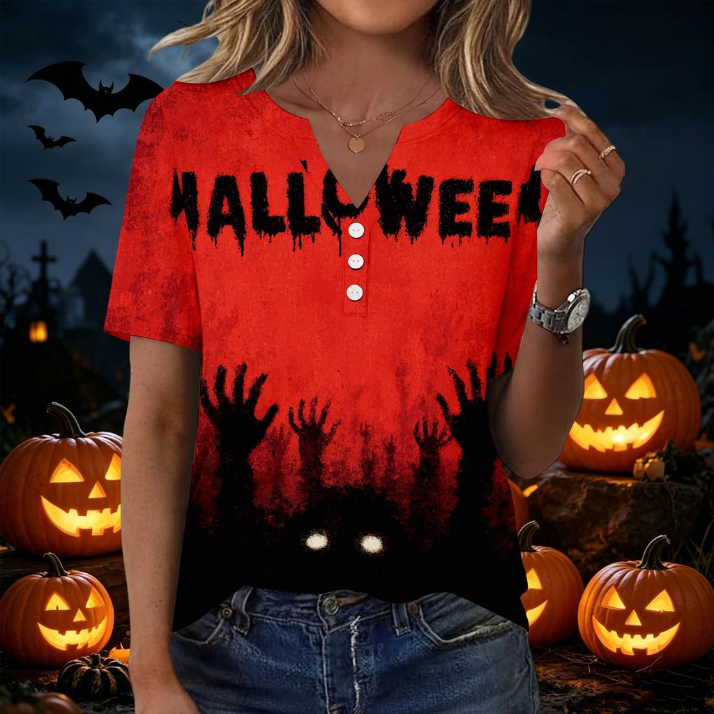 Women's Casual V Neck Short Sleeve Button T Shirt Halloween Themed Graphic Print Top Fashionable Comfortable Fit